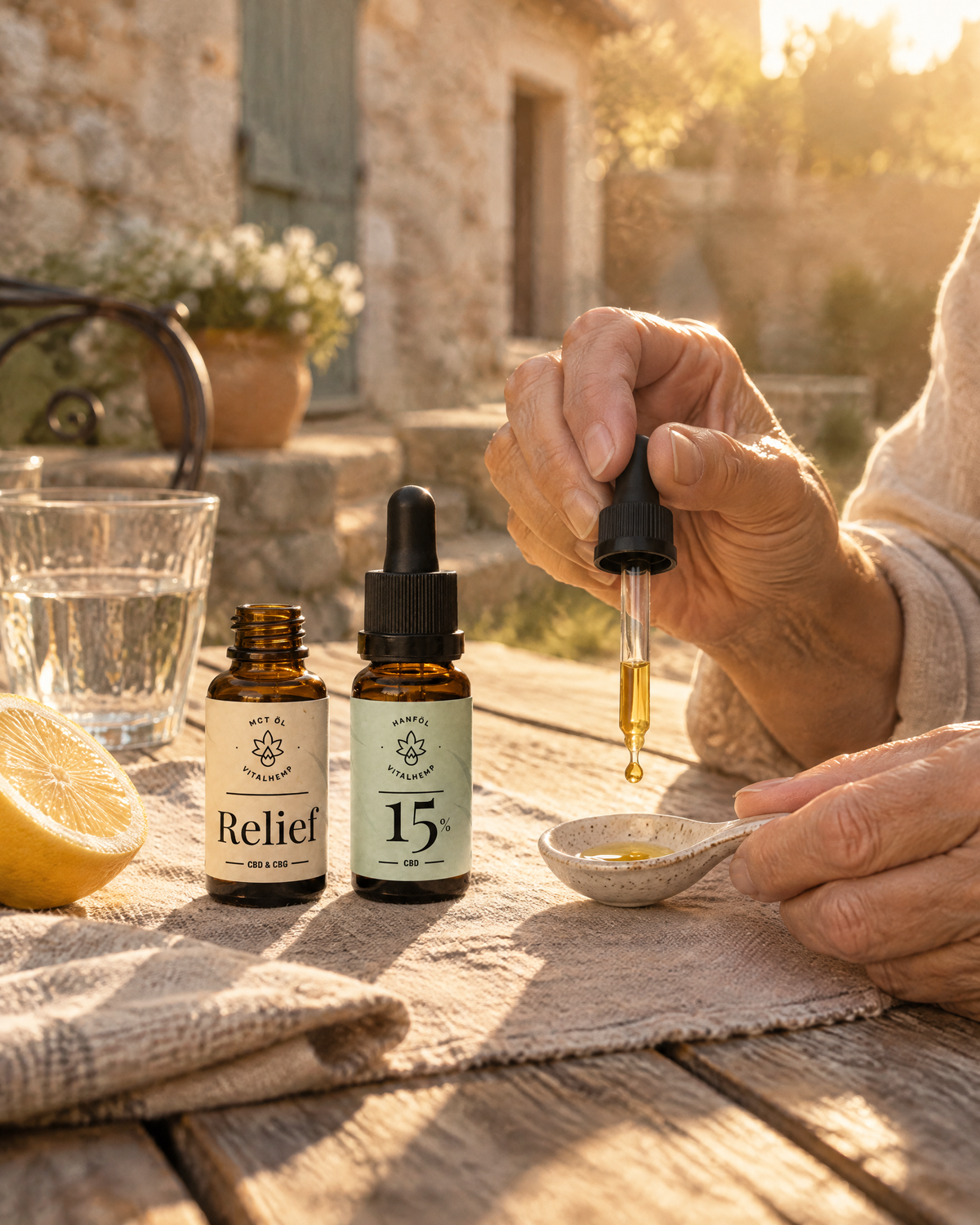 Hände geben einen Tropfen Relief-Öl auf einen Keramiklöffel, daneben Relief-Öl, CBD-Öl 15 %, Zitrone und ein Glas Wasser