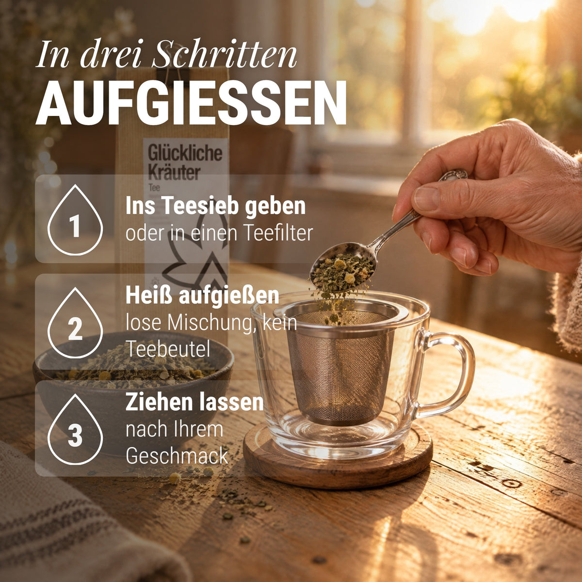 Bio-Hanftee mit Kräutern: In drei Schritten Aufgießen