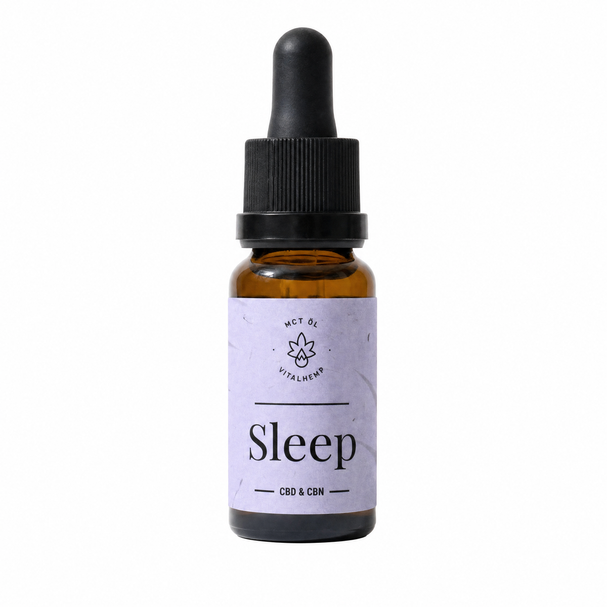 VITALHemp Sleep-Öl CBD + CBN, 10-ml-Flasche mit Pipette und lilafarbenem Etikett MCT ÖL · Sleep · CBD & CBN