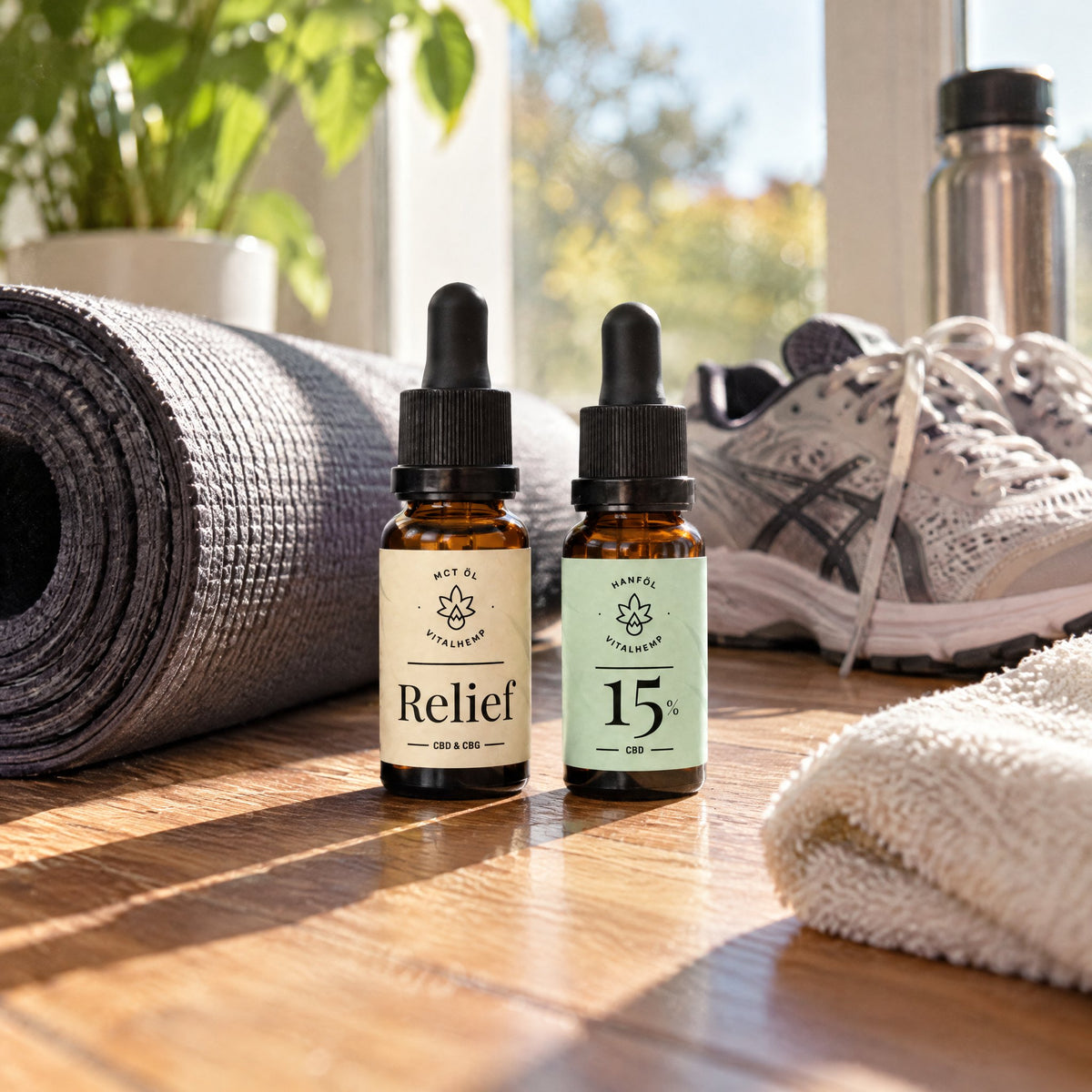 VITALHemp Relief und CBD-Oel 15 Prozent Flaschen neben einer Yogamatte und Laufschuhen