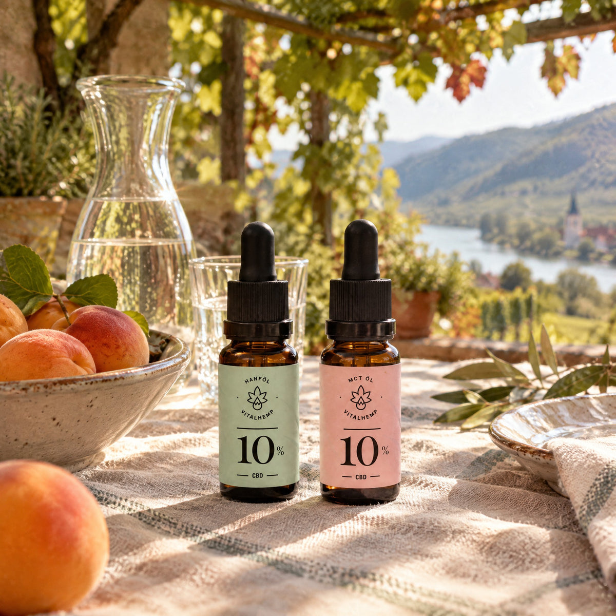 Beide Flaschen CBD-Öl 10 % auf einem Terrassentisch unter Weinlaub mit Marillen und Blick auf die Donau