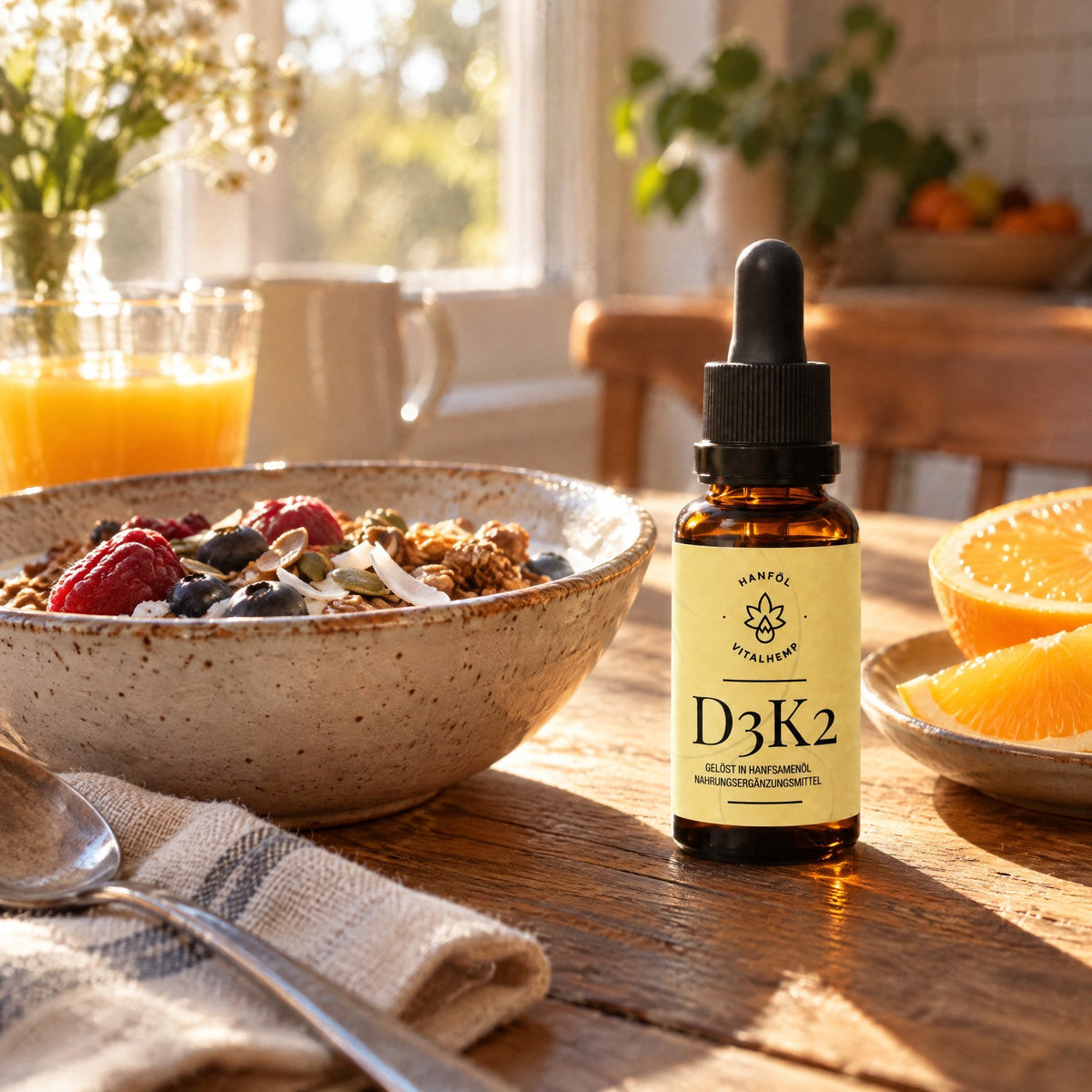 VITALHemp Vitamin D3+K2 Flasche auf dem Fruehstueckstisch im Morgenlicht, Granola und Orangen