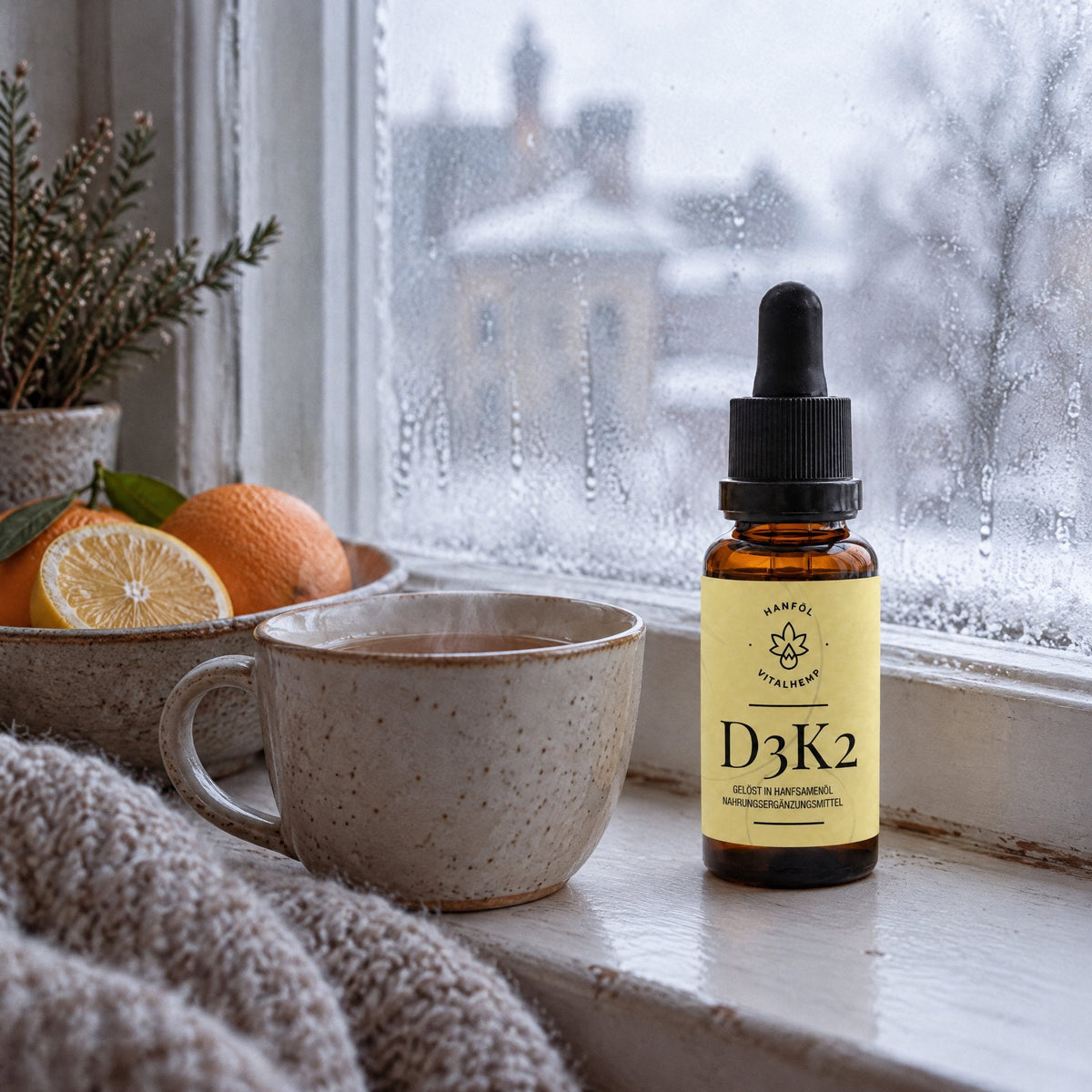 VITALHemp Vitamin D3+K2 Flasche auf der Fensterbank im Winter, Tee und Zitrusfruechte