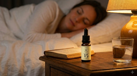 VITALHemp CBD Öl auf Nachttisch neben schlafender Frau – natürliche Schlafhilfe