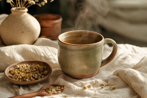 Dampfende Tasse Kräutertee in rustikaler Keramiktasse mit getrockneten Kräutern auf cremefarbenem Leinen