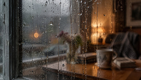 Regentropfen auf einer Fensterscheibe, im Hintergrund unscharf ein warm beleuchtetes Zimmer.