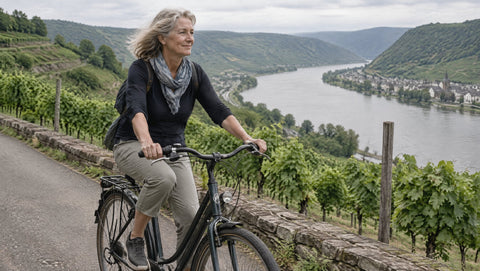 Eine Frau fährt mit dem Rad auf einem schmalen Weg zwischen Weinbergen hoch über einem Flusstal.