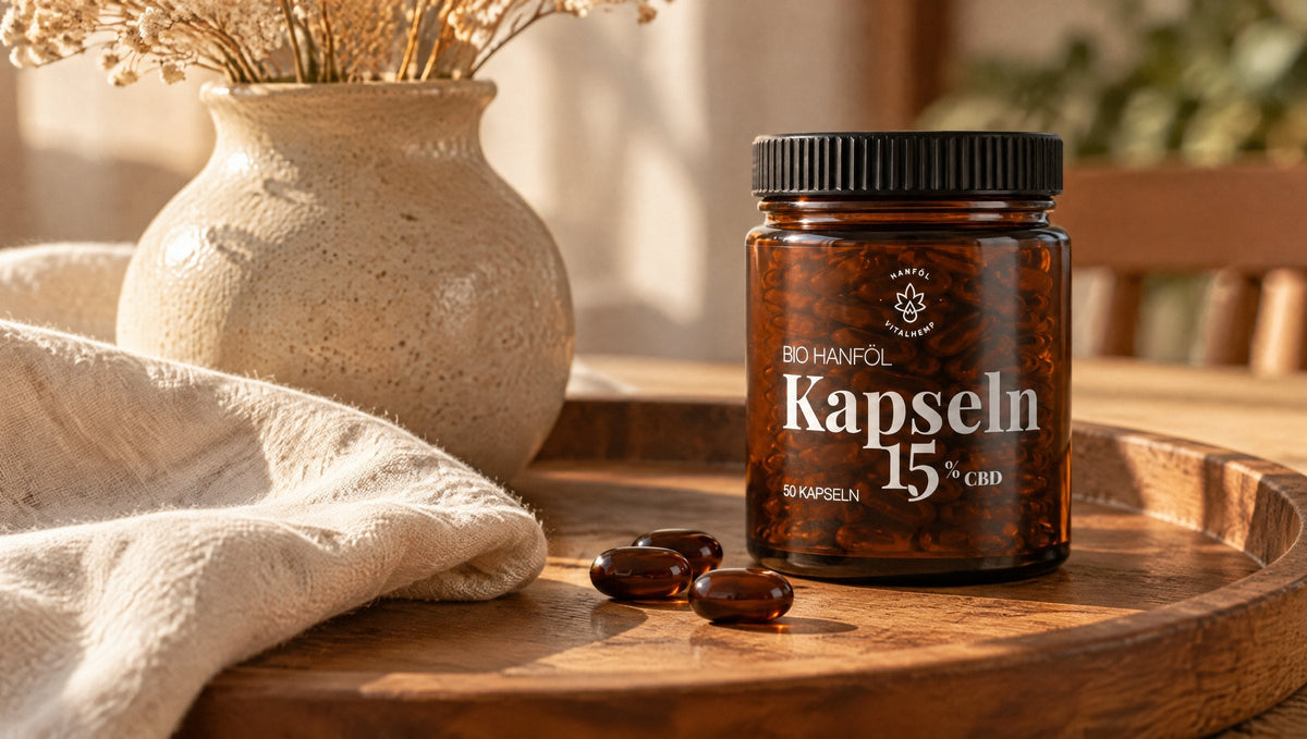 Dose VITALHemp CBD-Kapseln 15 % mit Bio-Hanföl auf einem Holztablett, daneben drei Kapseln.