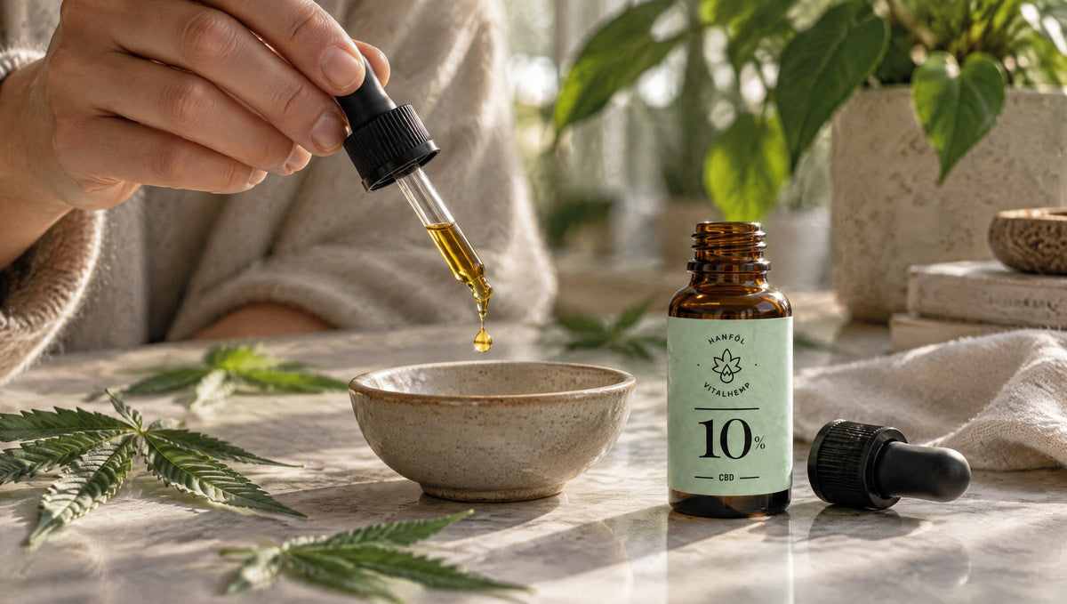 Hand hält die Pipette über ein Keramikschälchen, daneben VITALHemp CBD-Öl 10 % in Bio-Hanföl.