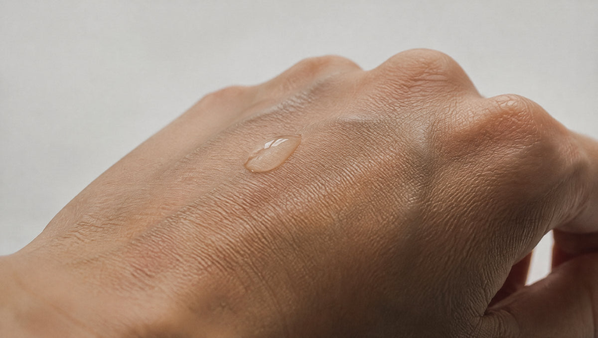 Nahaufnahme eines Wassertropfens auf dem Handrücken vor neutralem Hintergrund.