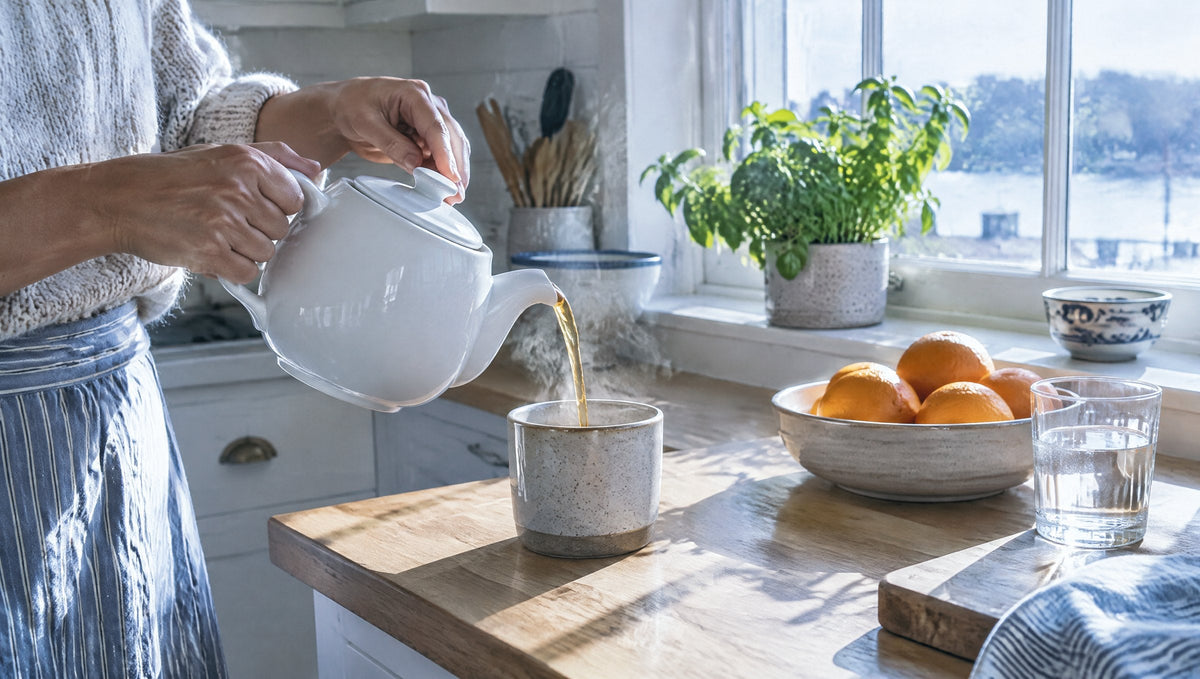 Hände gießen in einer hellen Küche Tee in eine Tasse, daneben eine Schale Orangen und ein Glas Wasser.
