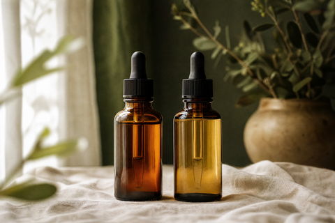 Zwei Braunglas-Pipettenflaschen nebeneinander auf cremefarbenem Leinen, minimalistische Apotheken-Optik in Gruen- und Cremetoenen