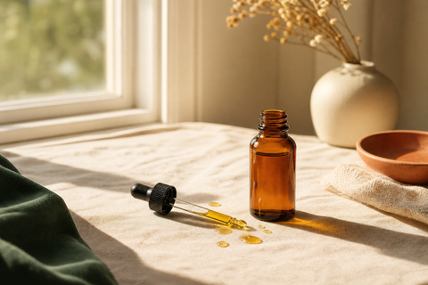 Braunglas-Pipettenflasche auf cremefarbenem Leinen am sonnigen Fenster mit goldenen Öltropfen