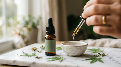 CBD Öl Dosierung Einsteiger 2026 – VITALHemp Produkt mit Pipette auf Marmor
