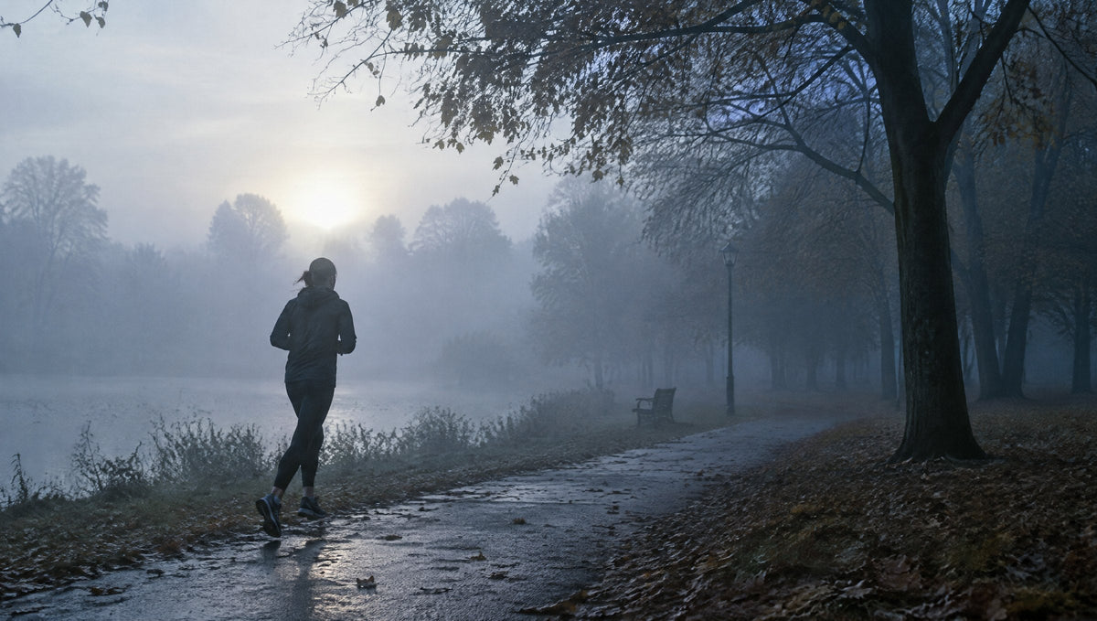 Läuferin bei Morgennebel auf einem Parkweg im kühlen Gegenlicht.