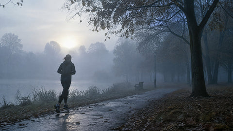 Läuferin bei Morgennebel auf einem Parkweg im kühlen Gegenlicht.