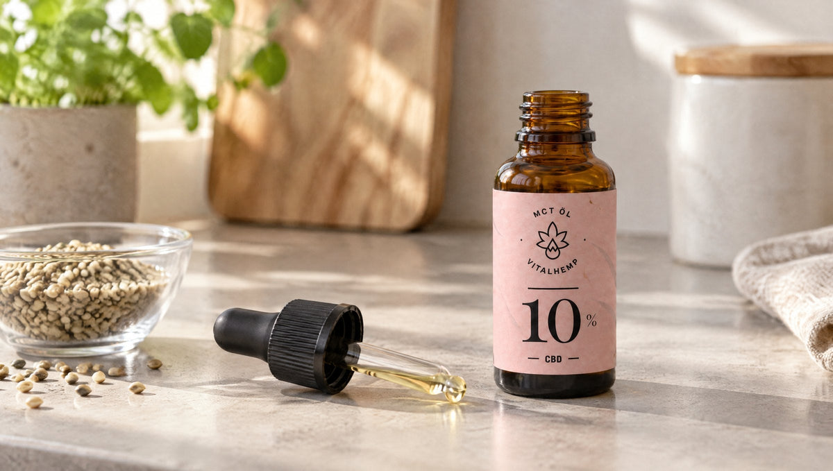 Flasche VITALHemp Active 10 % CBD-Öl auf einer hellen Küchenarbeitsplatte neben einer Schale Hanfsamen.