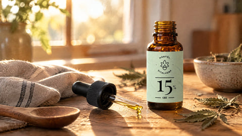 Flasche VITALHemp Pure 15 % CBD-Öl auf einem Holztisch im warmen Nachmittagslicht, daneben ein Holzlöffel und getrocknete Hanfblätter.