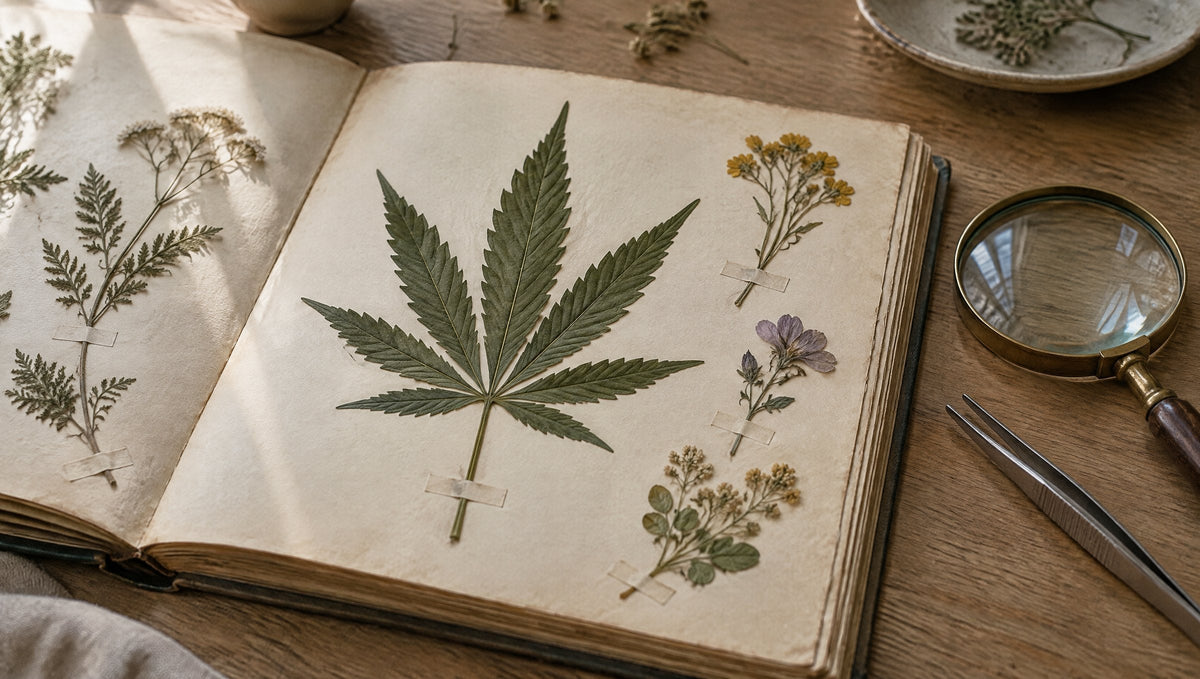 Aufgeschlagenes Herbarium mit gepresstem Hanfblatt und Wildblumen, daneben Lupe und Pinzette.