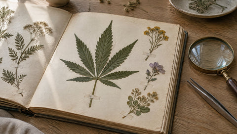 Aufgeschlagenes Herbarium mit gepresstem Hanfblatt und Wildblumen, daneben Lupe und Pinzette.