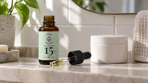Flasche VITALHemp Pure 15 % CBD-Öl neben einem neutralen Kosmetiktiegel, Symbolbild für die Abgrenzung von CBD-Kosmetik und Novel Food.