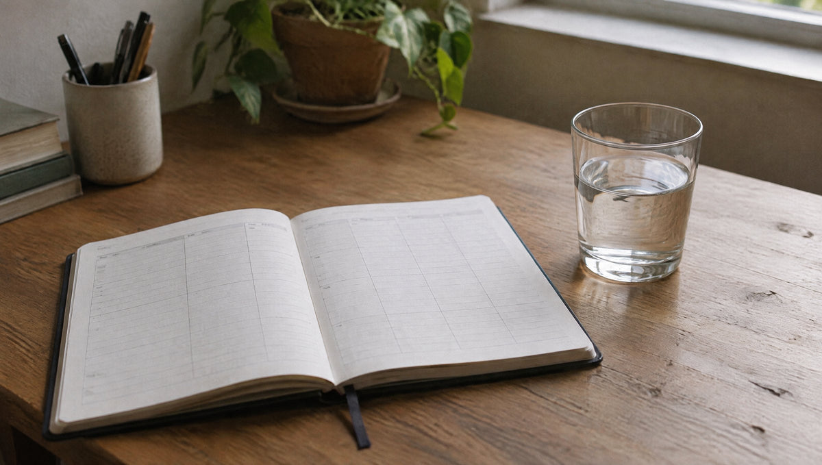 Aufgeschlagenes Notizbuch mit Kalender neben einem Glas Wasser auf einem Schreibtisch.