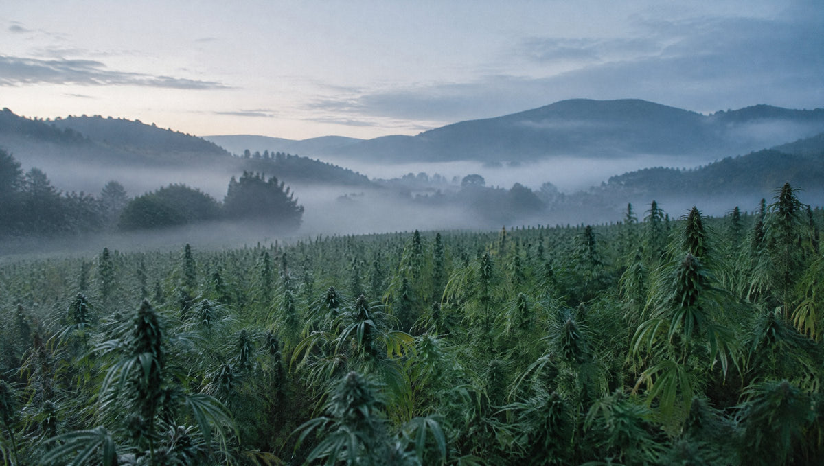 Hanffeld mit Nebel und Hügeln im kühlen Licht des frühen Morgens.