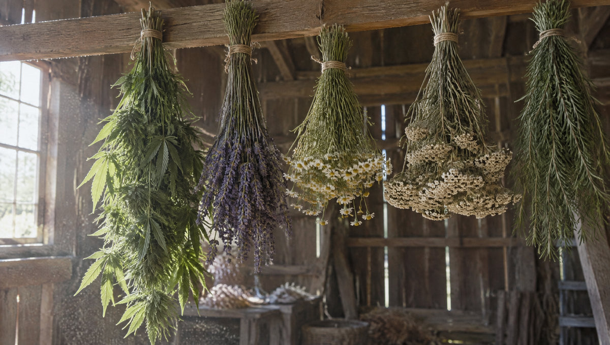Bündel aus Hanf, Lavendel, Kamille, Schafgarbe und Rosmarin hängen zum Trocknen in einer alten Scheune.