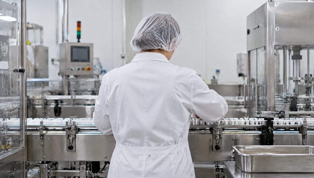 Laborantin im Reinraum-Schutzanzug von hinten an einer Edelstahl-Fertigungslinie.