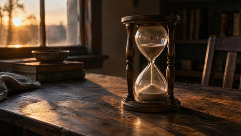 Sanduhr mit rieselndem Sand im warmen Licht des späten Nachmittags.