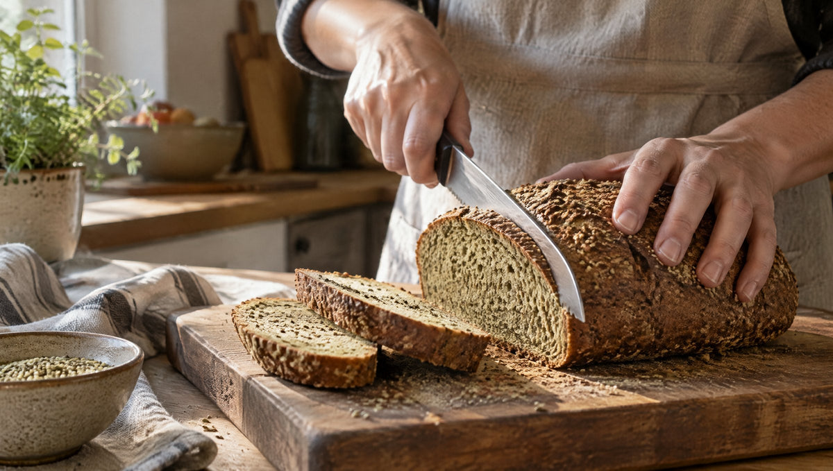 Hände schneiden ein frisch gebackenes Hanfmehl-Brot im warmen Morgenlicht.