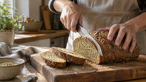 Hände schneiden ein frisch gebackenes Hanfmehl-Brot im warmen Morgenlicht.
