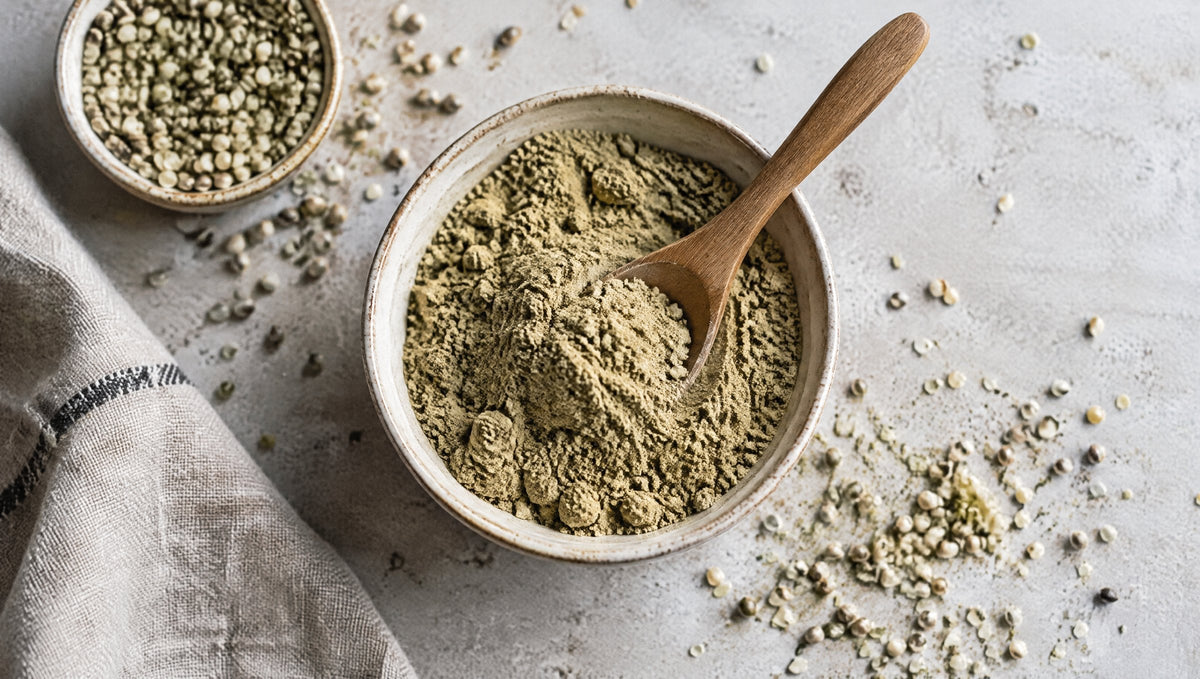 Draufsicht auf eine Schale Hanfprotein-Pulver mit Holzlöffel und Hanfsamen.