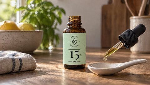 Flasche VITALHemp Pure 15 % CBD-Öl, Pipette über einem Löffel mit einem einzelnen Tropfen, Symbolbild für die sublinguale Einnahme.