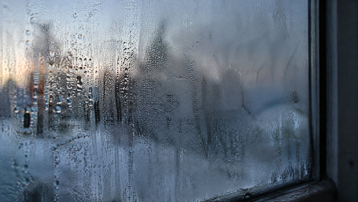Beschlagene Fensterscheibe mit Atemkondensation im kühlen Morgenlicht.