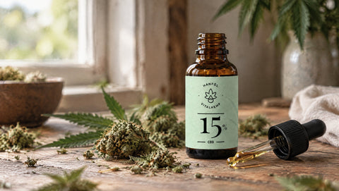 Flasche VITALHemp Pure 15 % CBD-Öl umgeben von Hanfblüten und -blättern auf Holz, Symbolbild für Vollspektrum.