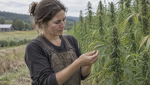 Landwirtin prüft ein Hanfblatt am Feldrand im natürlichen Tageslicht.