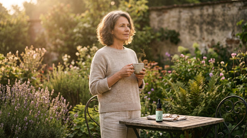 Frau im sonnigen Garten mit Kräutertee – CBD in der Menopause