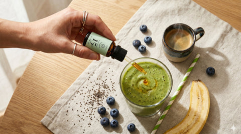 CBD Öltropfen fällt in grünen Smoothie – CBD Öl in Kaffee und Smoothie Rezepte