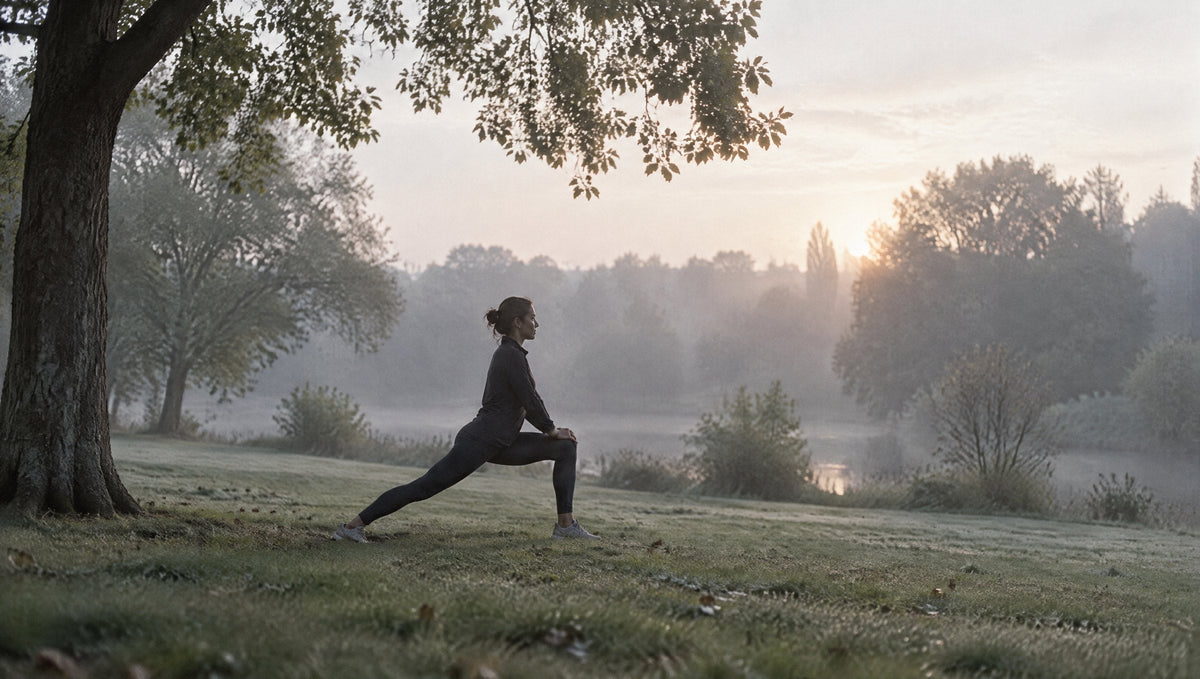 Person bei einer Dehnübung allein auf einer Parkwiese im Morgennebel