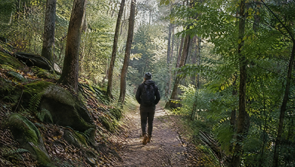 Rückansicht einer Person auf einem Waldweg im Laub, ruhiges Tempo