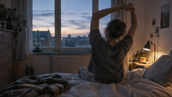 Person von hinten an der Bettkante in der Dämmerung, Stadtsilhouette im Hintergrund