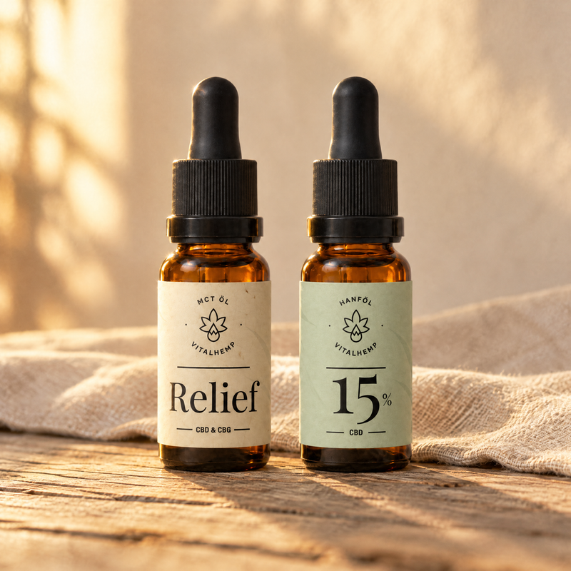 Aktiv-Set: Flaschen Relief-Öl mit cremefarbenem und CBD-Öl 15 % mit mintgrünem Etikett auf Holz und Leinen