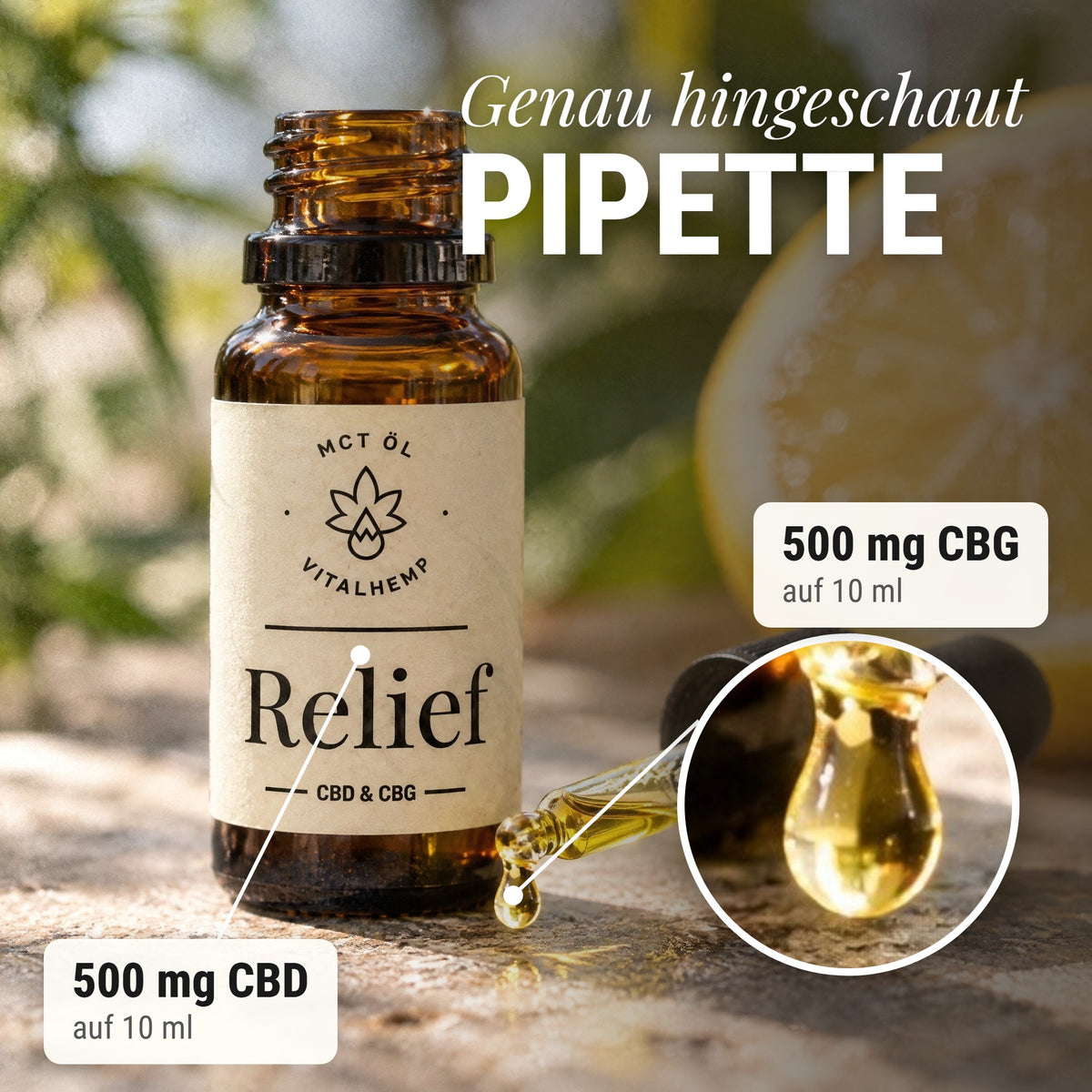Relief-Öl 10 % CBD + CBG: Genau hingeschaut Pipette