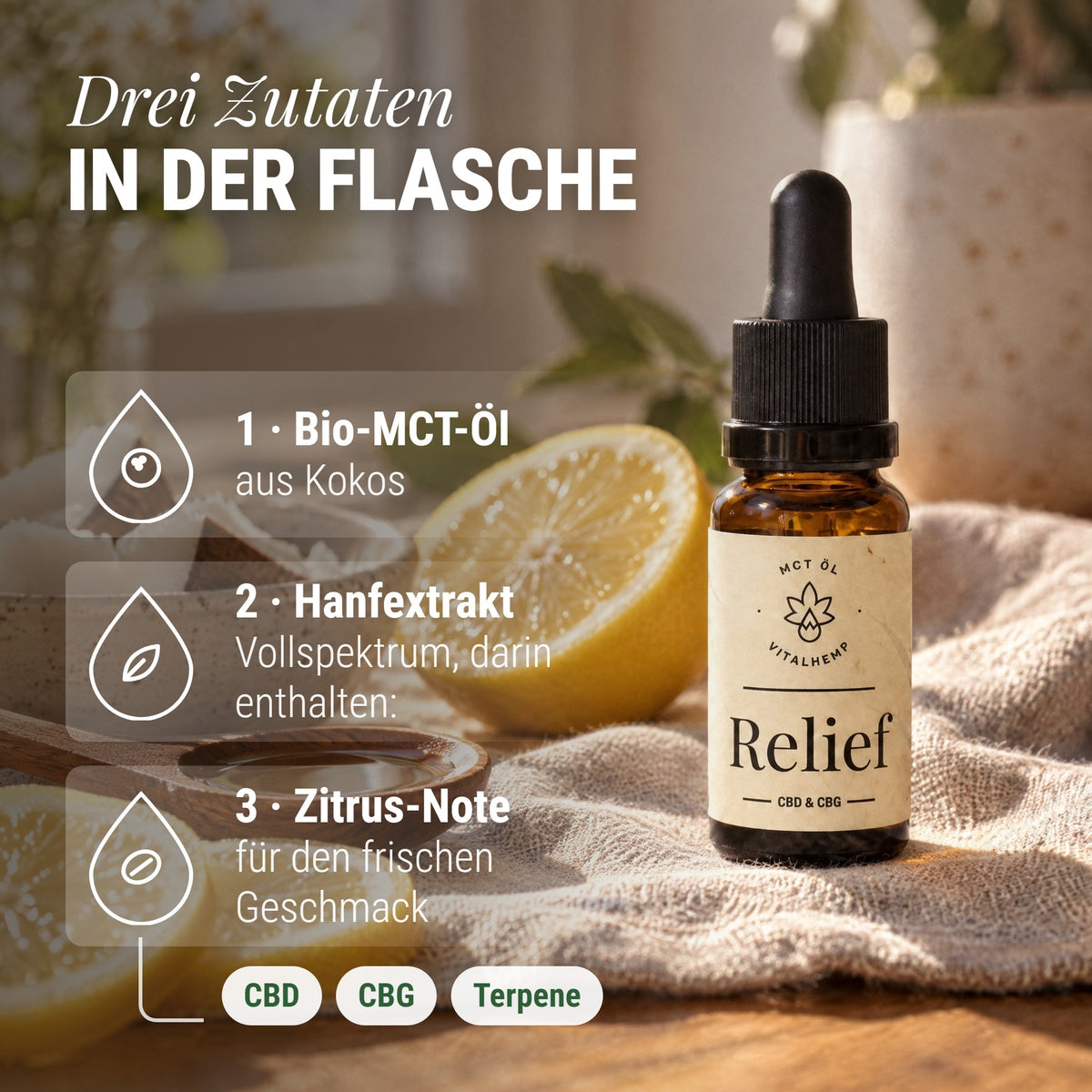 Relief-Öl 10 % CBD + CBG: Drei Zutaten In der Flasche