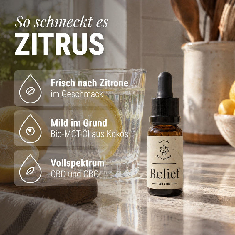 Relief-Öl 10 % CBD + CBG: So schmeckt es Zitrus