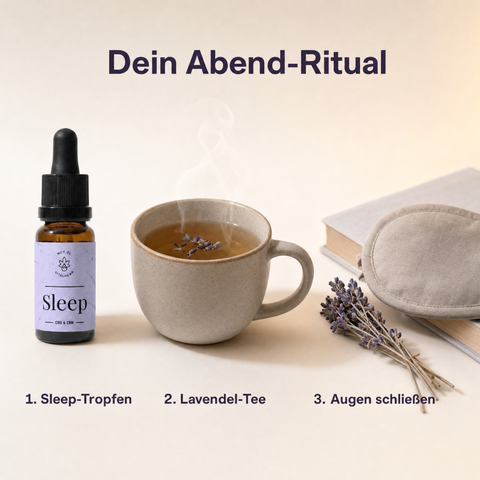 VITALHemp Sleep – Dein Abend-Ritual (Sleep-Tropfen, Tee, Augen schliessen)
