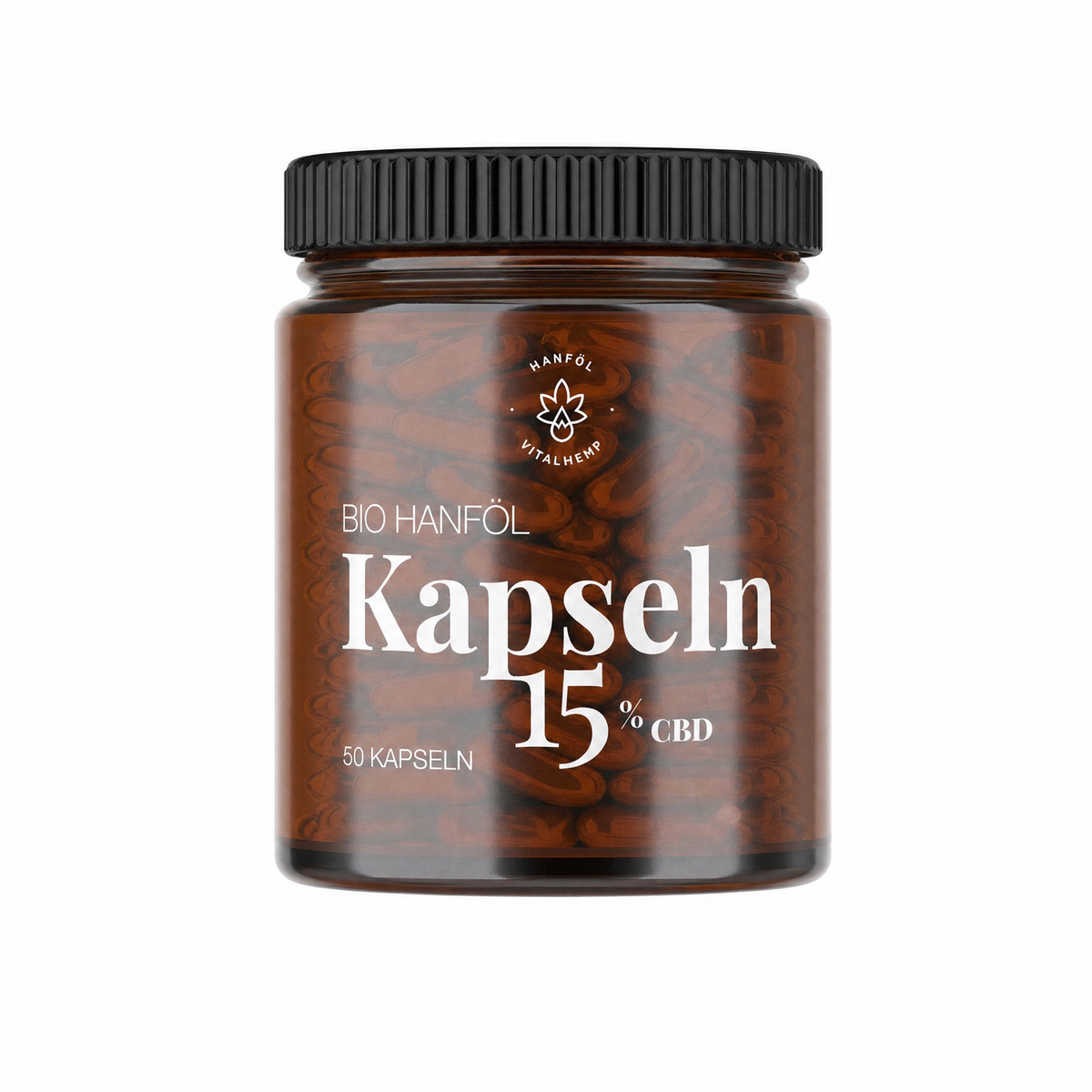 Braunglas-Dose mit 50 VITALHemp CBD-Kapseln 15 % in Bio-Hanföl, weißer Aufdruck direkt auf dem Glas.