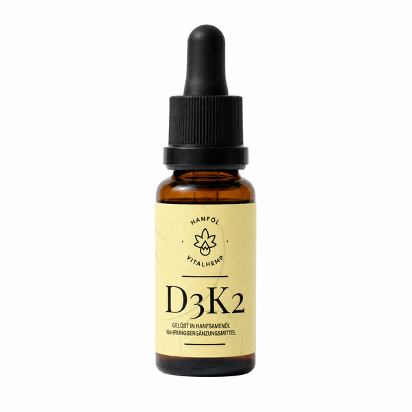 Flasche Vitamin D3+K2 in Bio-Hanföl mit Pipette und gelbem Etikett