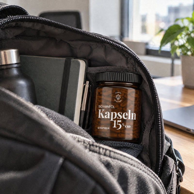 VITALHemp CBD-Kapseln 15 Prozent Dose im offenen Rucksack neben einem Notizbuch